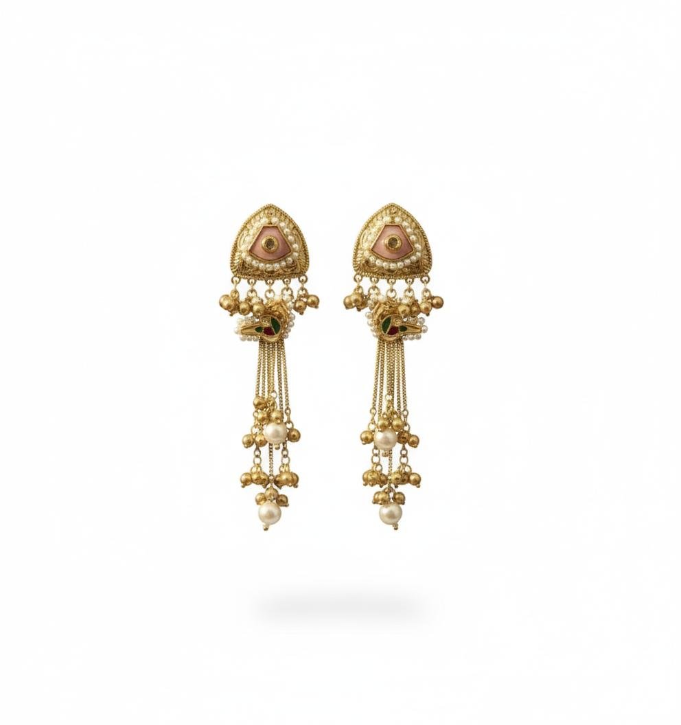 Kashmira Long Earrings with Gold Polish – Peach Colour
