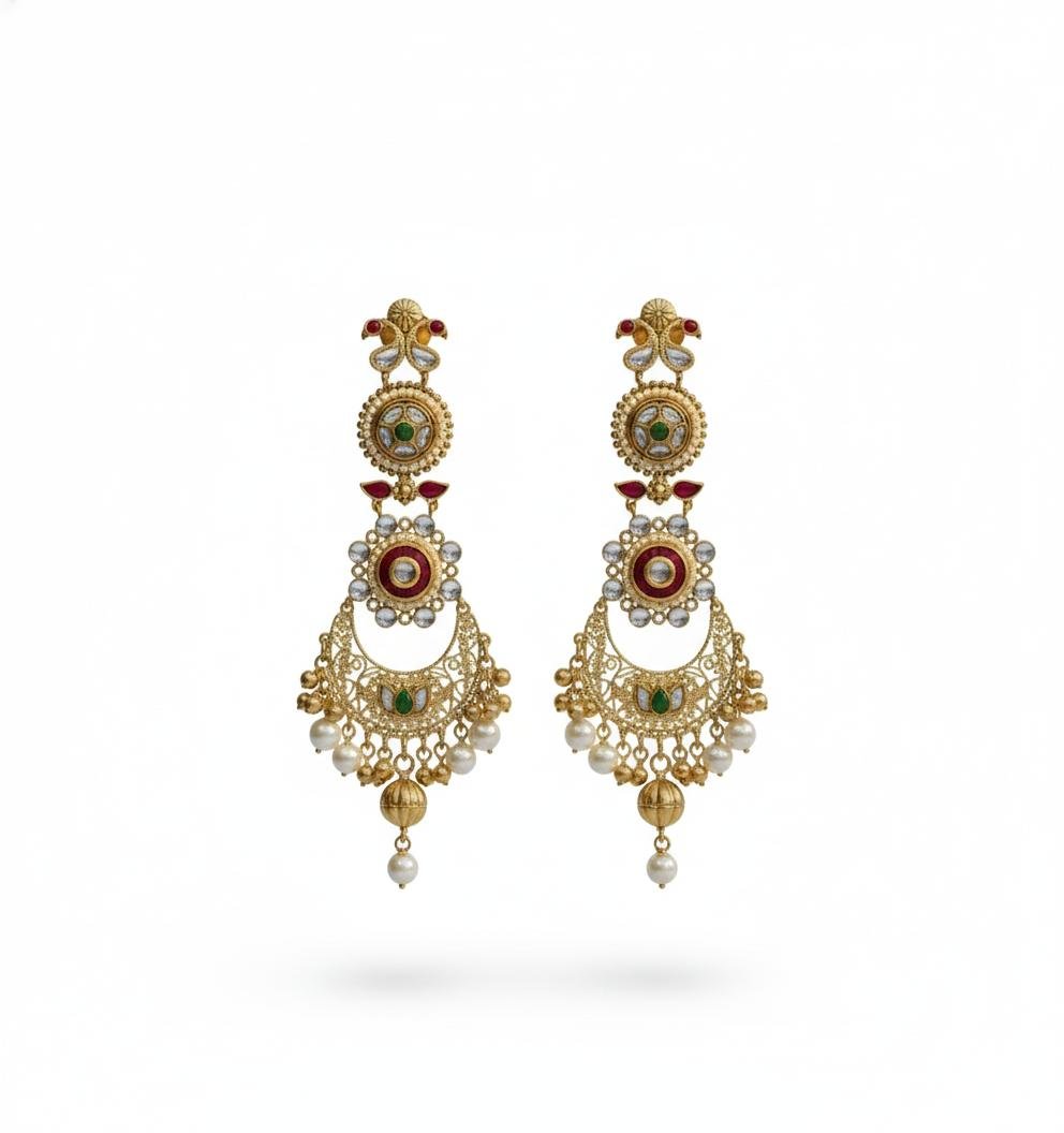 Kashmira Long Earrings with Gold Polish – Red & Green Meenakari Work
