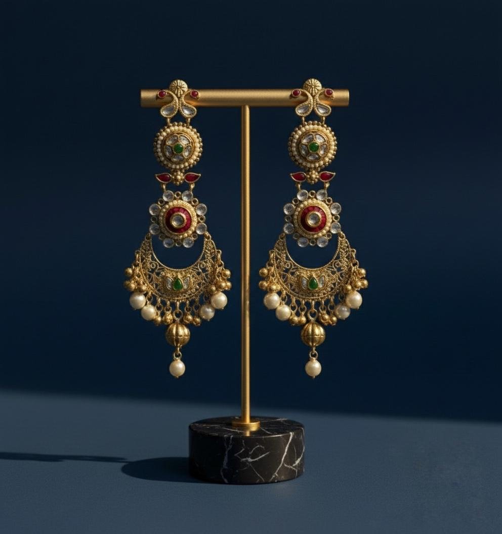 Kashmira Long Earrings with Gold Polish – Red & Green Meenakari Work