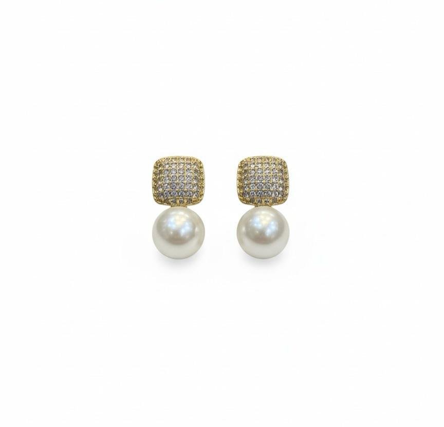 Gold Polished American Diamond & White Pearl Earrings