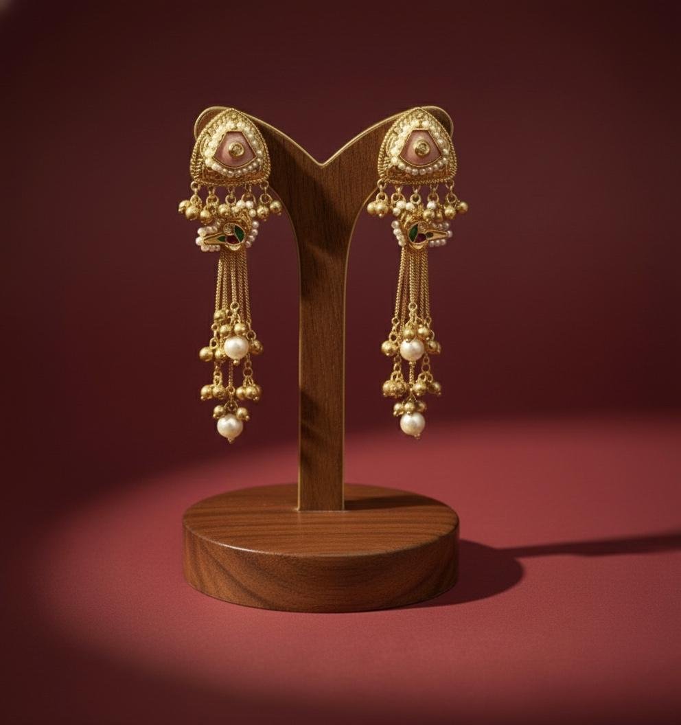 Kashmira Long Earrings with Gold Polish – Peach Colour