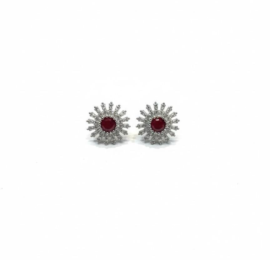 American Diamond Ruby Stone Silver Plated Earrings for Women | Party Wear AD Tops