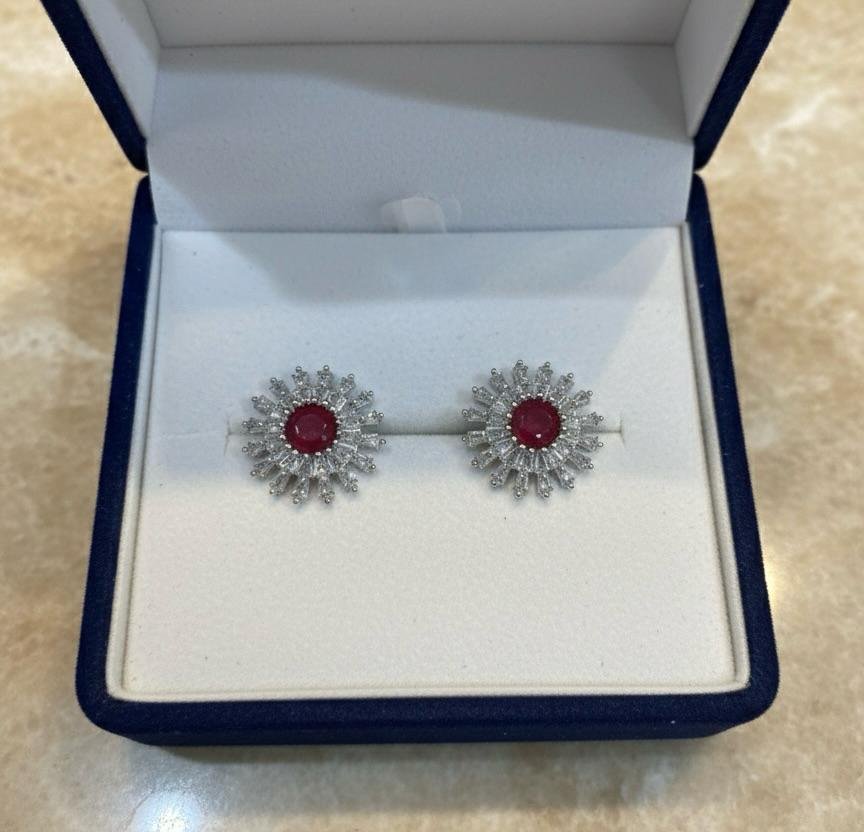 American Diamond Ruby Stone Silver Plated Earrings for Women | Party Wear AD Tops