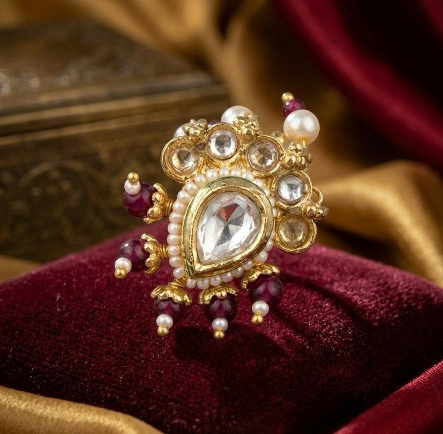 Mehroon Kundan Pearl Marathi Nath