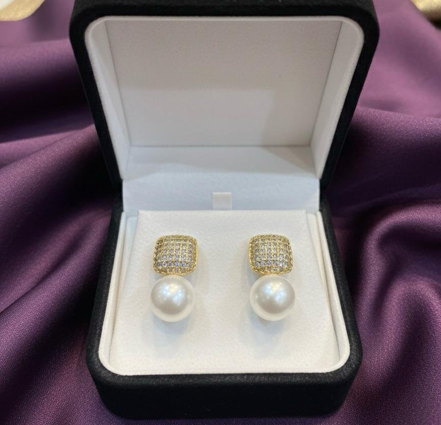 Gold Polished American Diamond & White Pearl Earrings