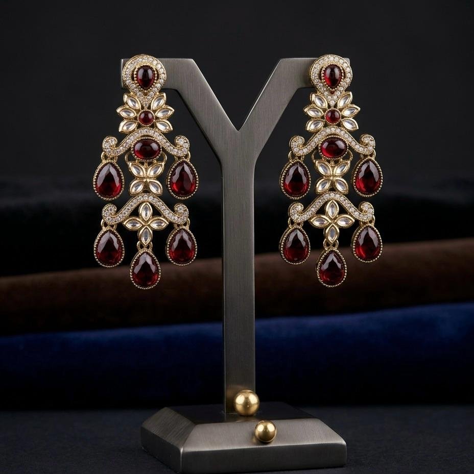 Anti-Tarnish Gold Polish Mehroom Ruby & Kundan Earrings