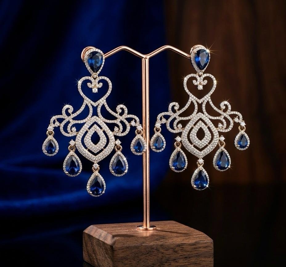 Anti Tarnish Gold Polish Royal Blue Stone Earrings – Elegant Statement Jewellery