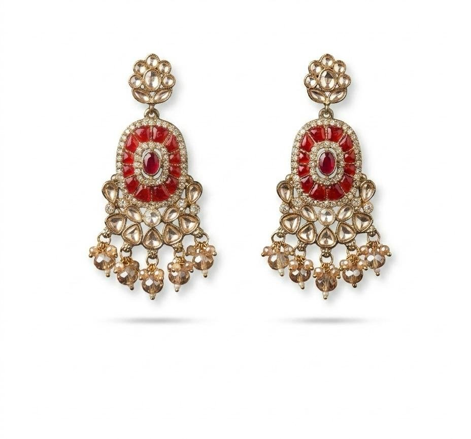 Anti-Tarnish Gold Polish Mehroom & Kundan Stone Elegant Earrings