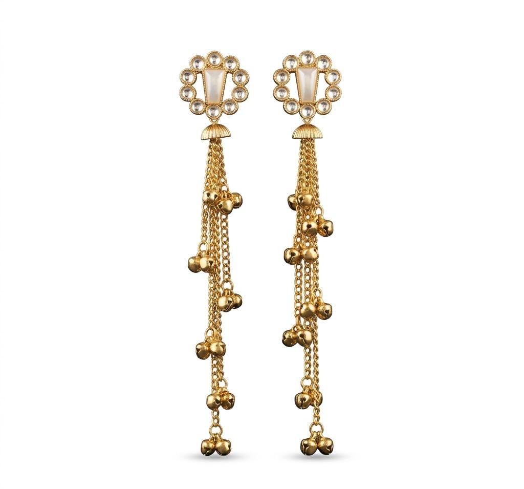 Anti-Tarnish Gold Polish Kashmiri Floral Kundan Earrings with White Shell Stone
