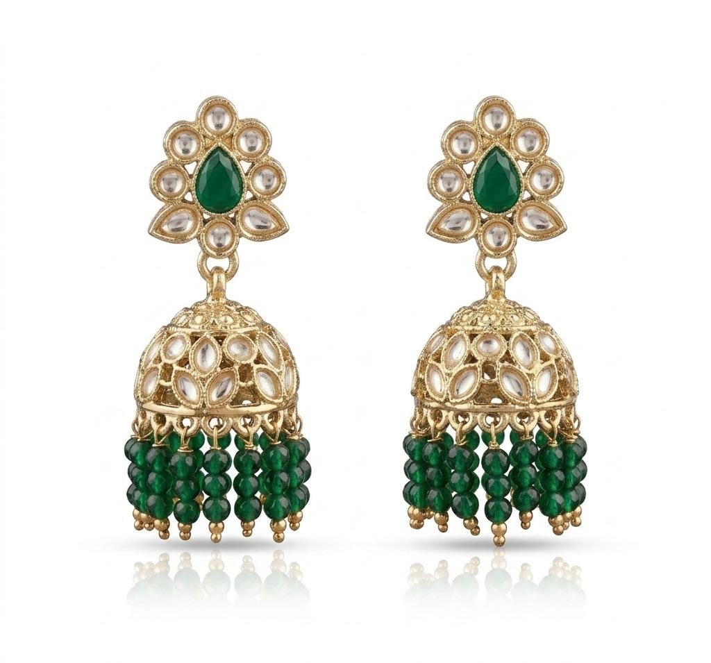 Anti-Tarnish Gold Polish Emerald Green & Kundan Elegant Earrings
