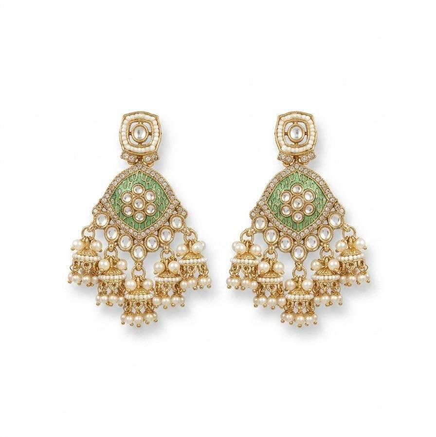 Anti-Tarnish Gold Polish Mint Green Kundan Earrings