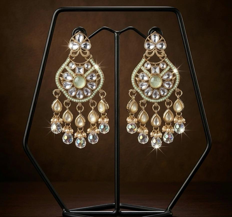 Anti Tarnish Gold Polish Mint Green Kundan Earrings – Elegant Ethnic Jewellery