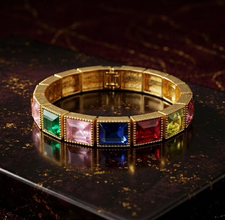 Anti-Tarnish Gold Polish Multi-Color Square Stone Bracelet