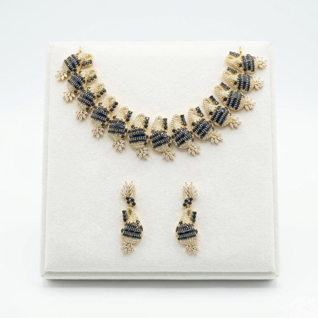 American Diamond Stone Navy Blue Combination Antique Tarnish Polish Neck Jewellery Set