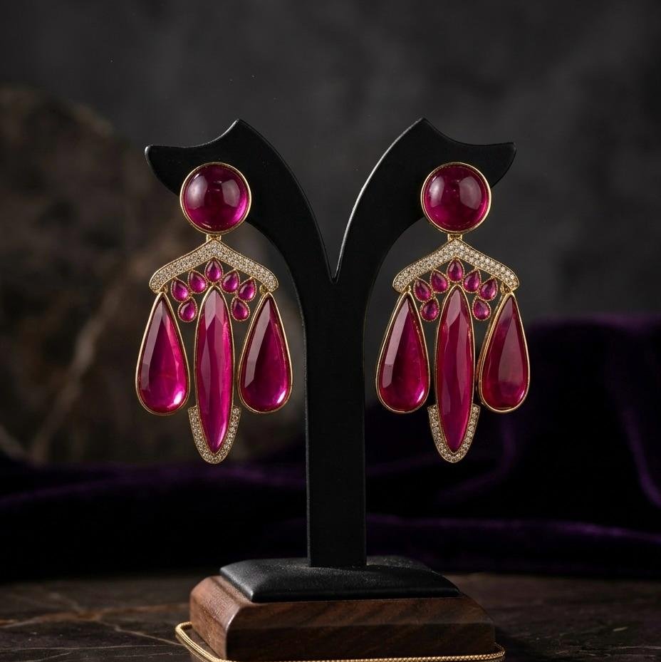 Anti-Tarnish Gold Polish Ruby Pink Stone Earrings