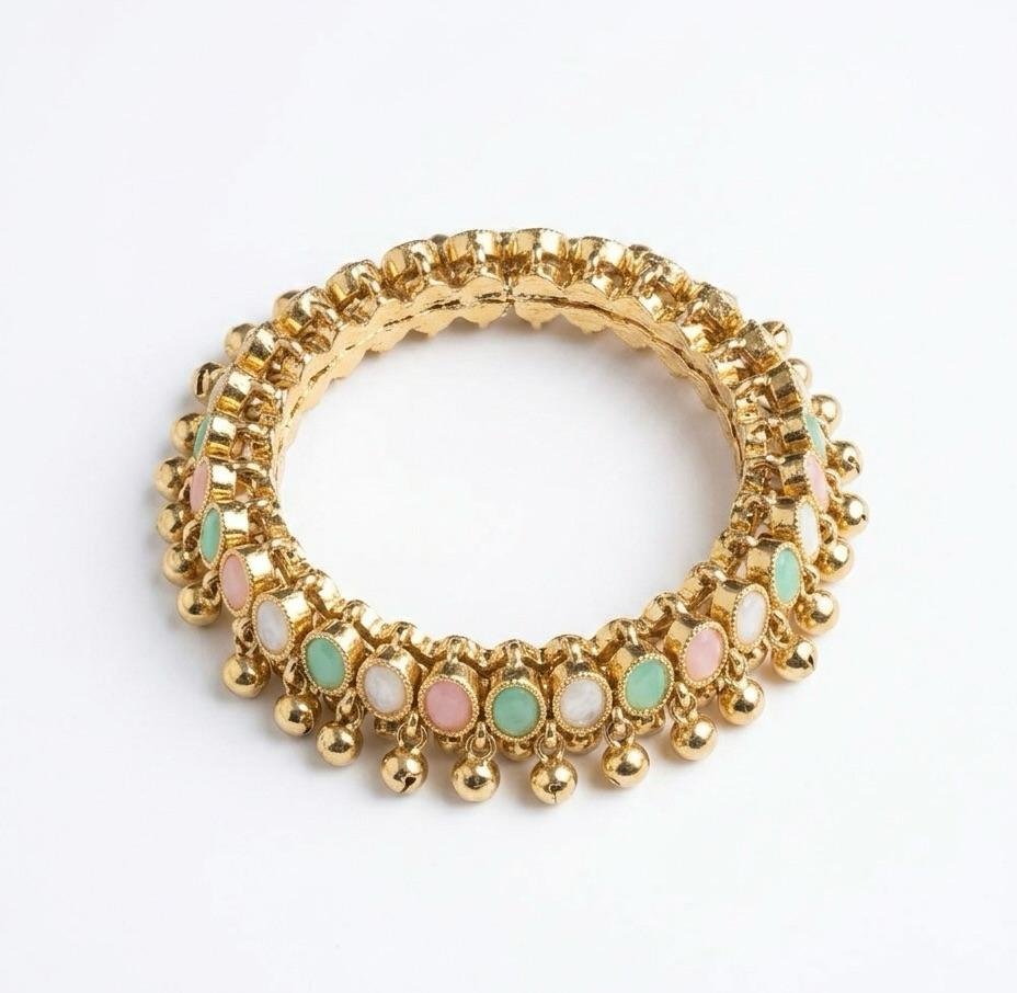 Anti-Tarnish Gold Polish Pastel Multi-Color Stone Ghungroo Bracelet