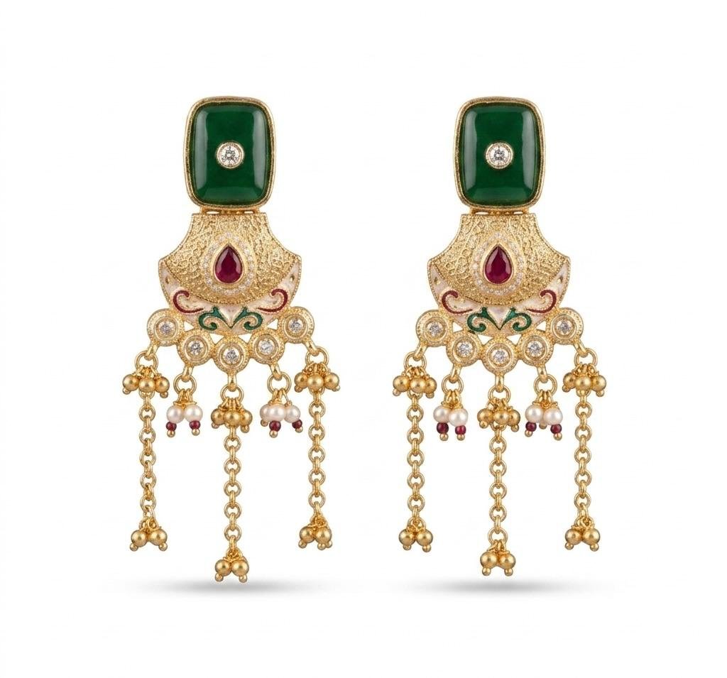 Anti Tarnish Gold Polish Emerald Green Square Stud Earrings with Meenakari Detailing