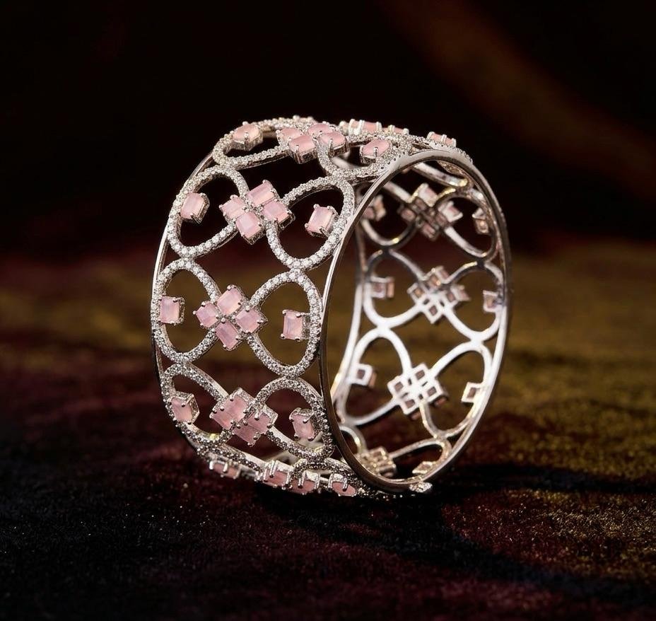 Zeyra Rose Pink & Silver American Diamond Statement Cuff