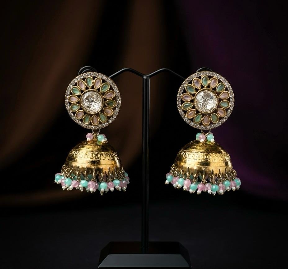 Gold Polish Pastel Pink & Green Stone Kundan Floral Jhumka