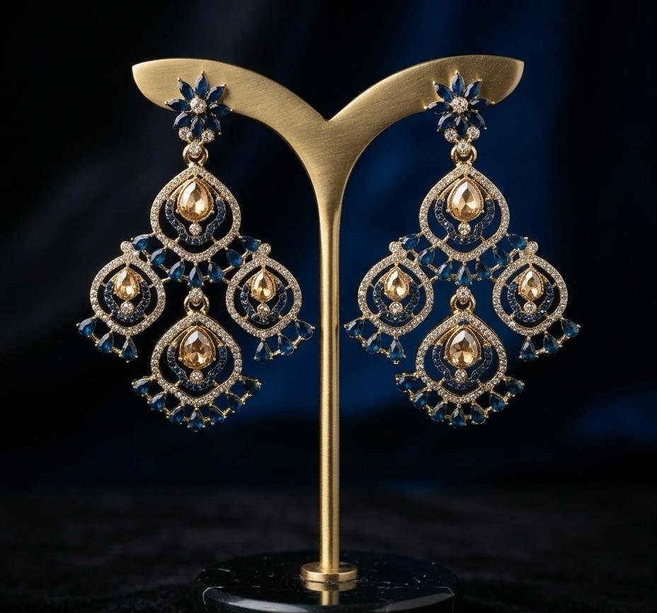 Anti-Tarnish Navy Blue & Gold Stone Elegant Earrings