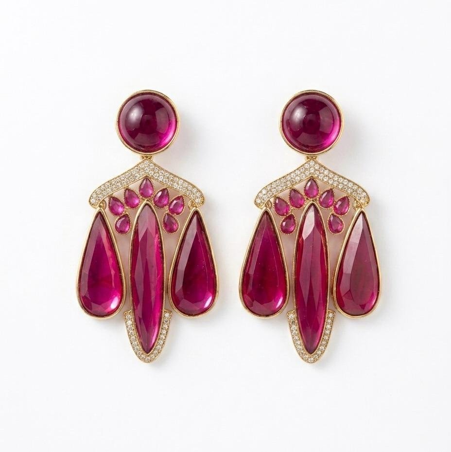 Anti-Tarnish Gold Polish Ruby Pink Stone Earrings
