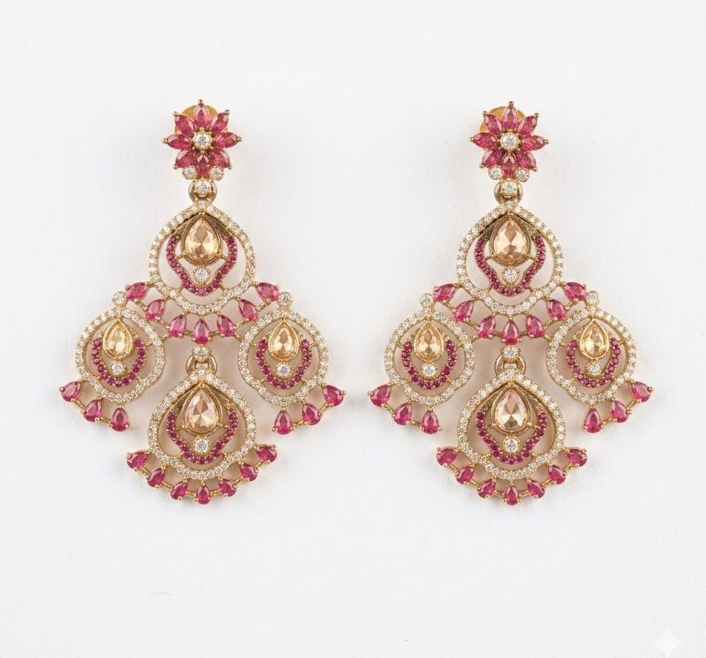 Anti-Tarnish Pink & Golden Stone Heavy Floral Drop Earrings