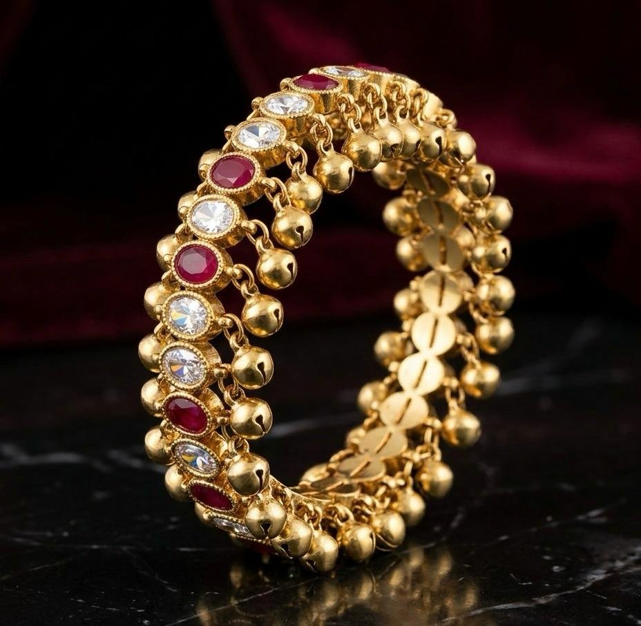 Anti-Tarnish Gold Polish Ruby & White Stone Ghungroo Bracelet