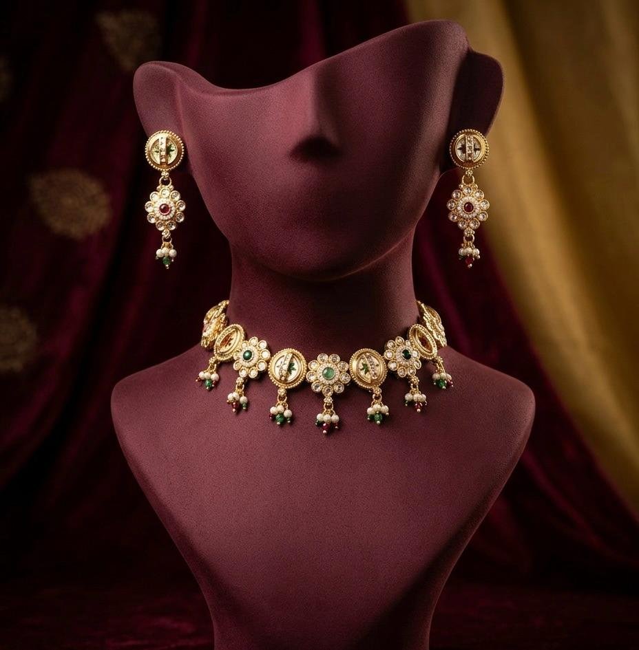 Temple Meenakari Work Gold Polish Neck Jewellery Set