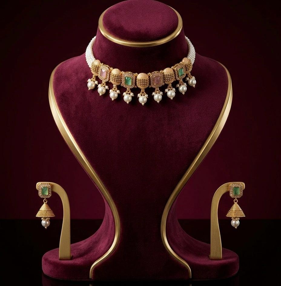 Choker Neck Jewellery Multi Color Combination Golden Polish Set