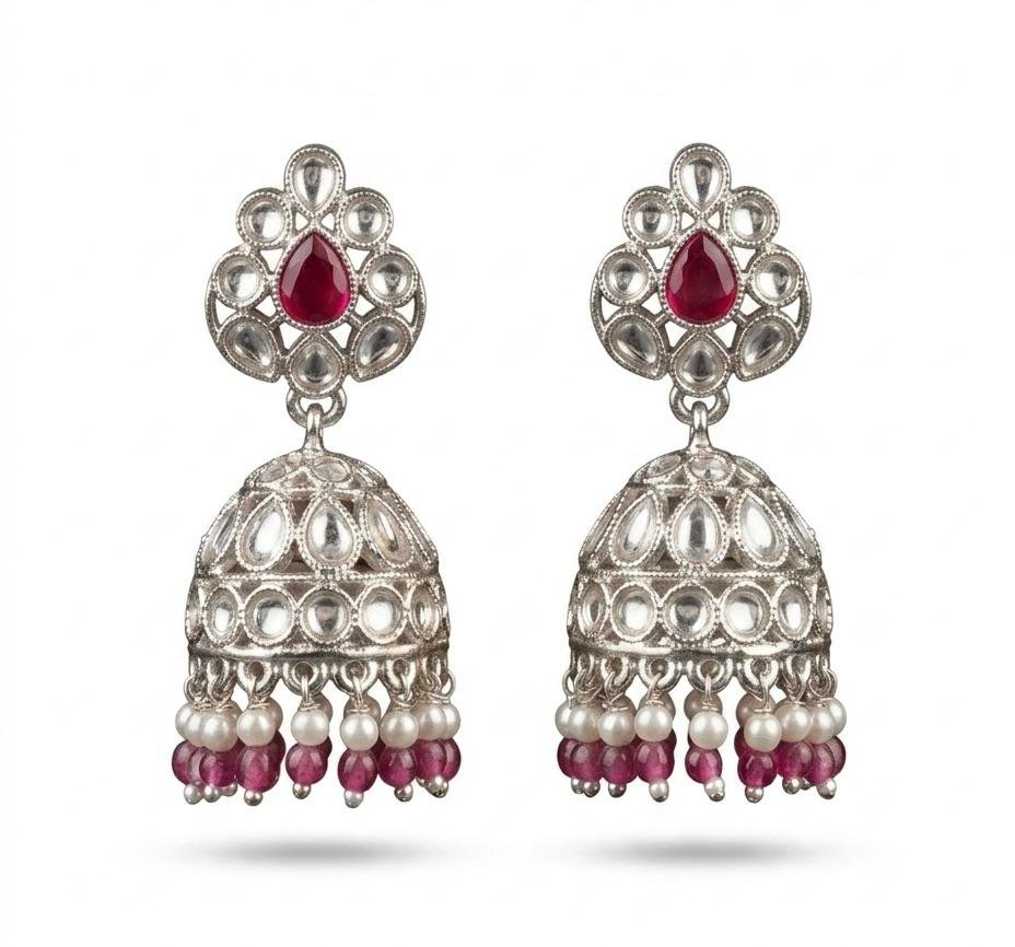 Silver Polish Ruby Pink Kundan Earrings – Regal Ethnic Elegance