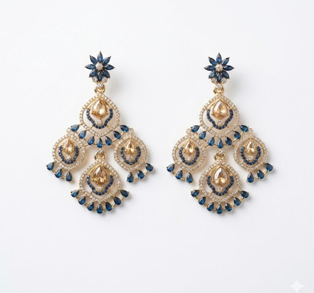 Anti-Tarnish Navy Blue & Gold Stone Elegant Earrings