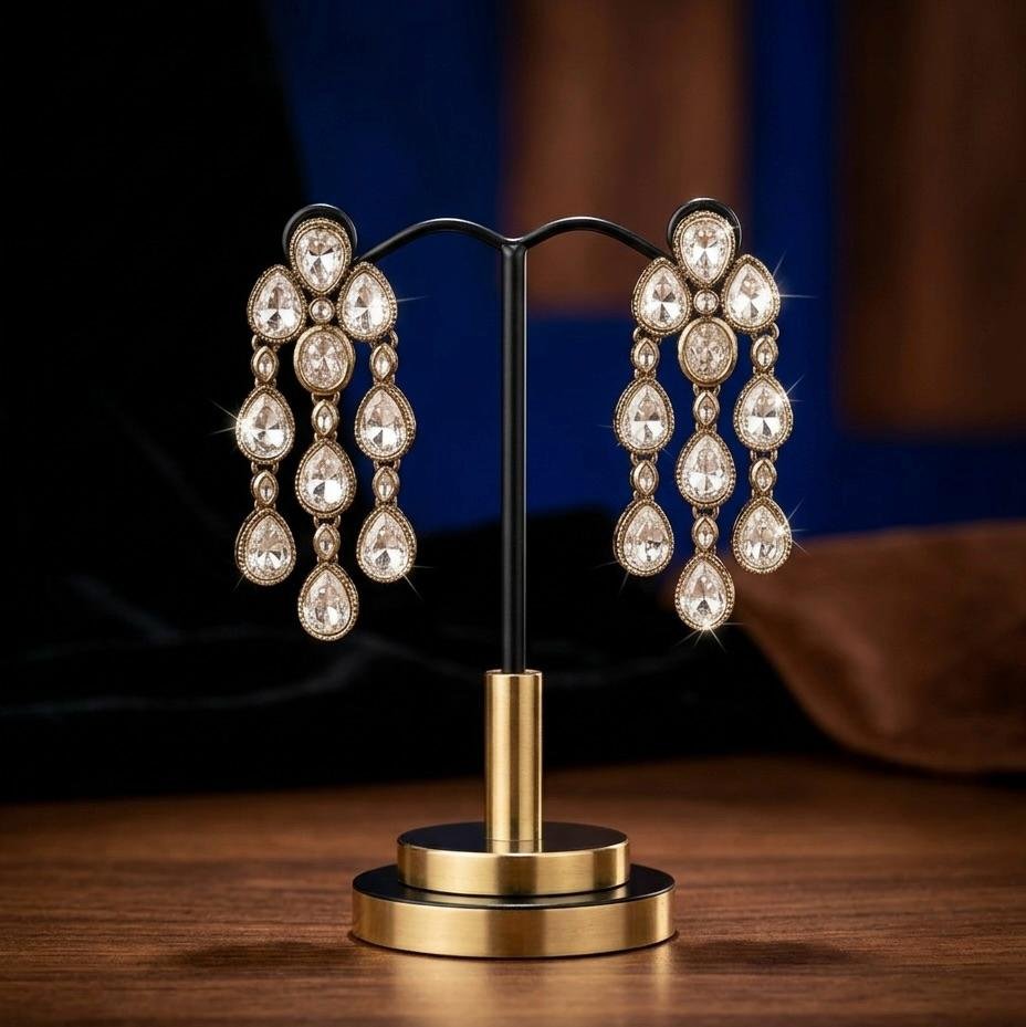 Anti-Tarnish Gold Polish White Kundan Teardrop Earrings