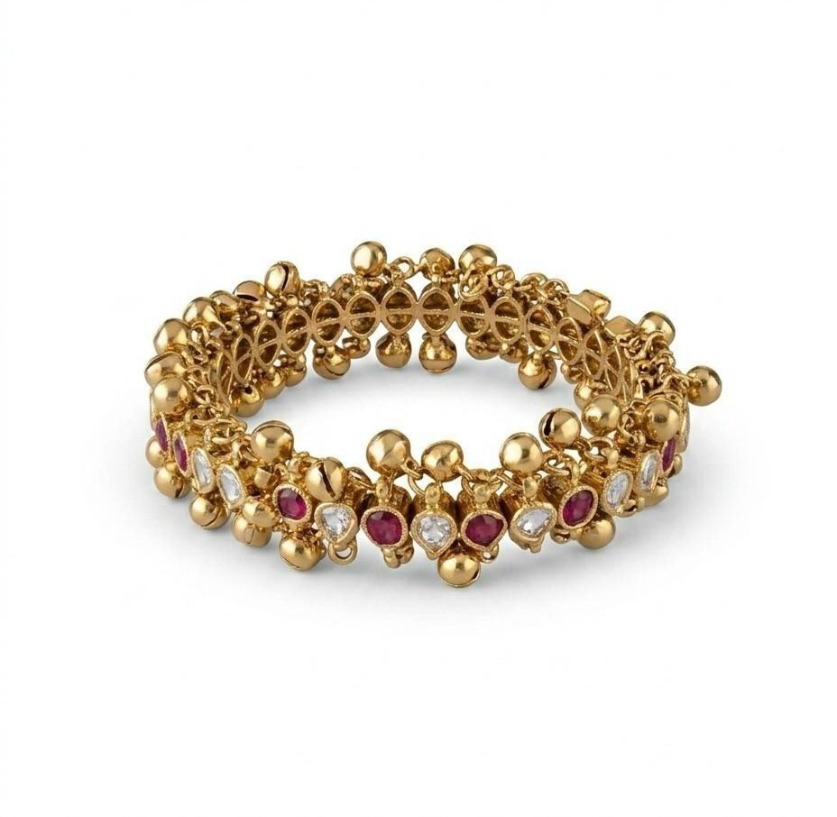 Anti-Tarnish Gold Polish Ruby & White Stone Ghungroo Bracelet