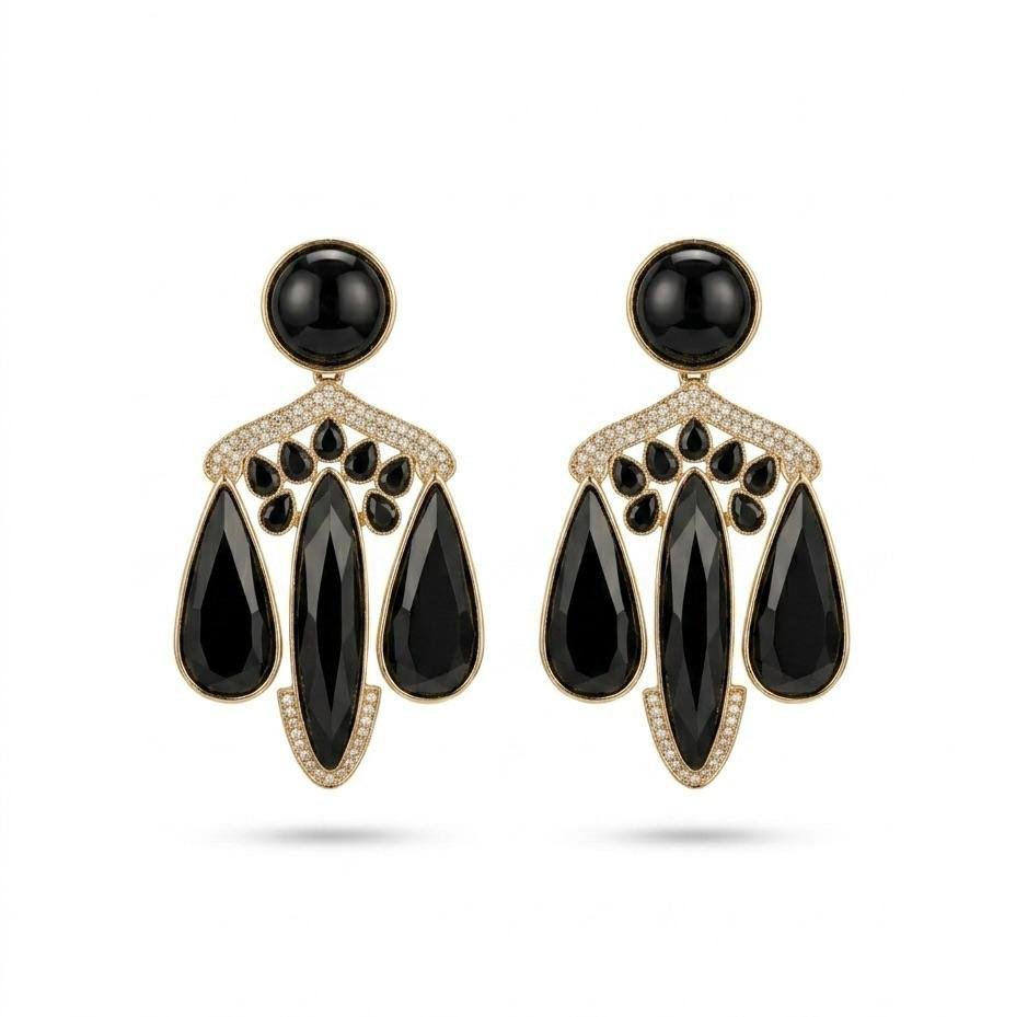 Anti-Tarnish Gold Polish Jet Black Stone Earrings