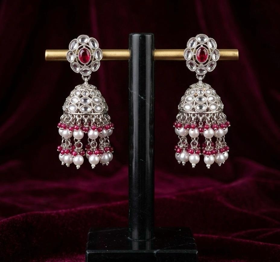 Silver Polish Mehroom & Kundan Stone Double Layer Pearl Droplet Jhumka