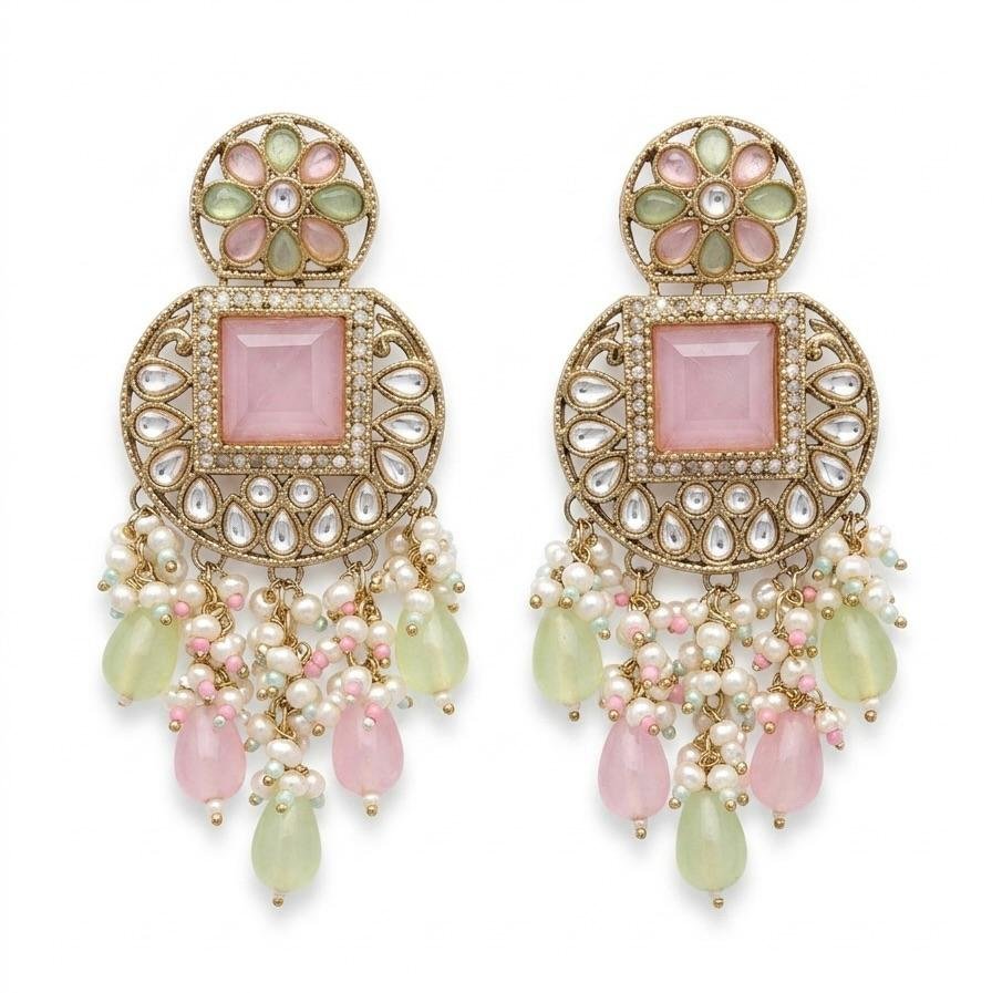Anti-Tarnish Gold Polish Pastel Pink & Mint Green Kundan Earrings