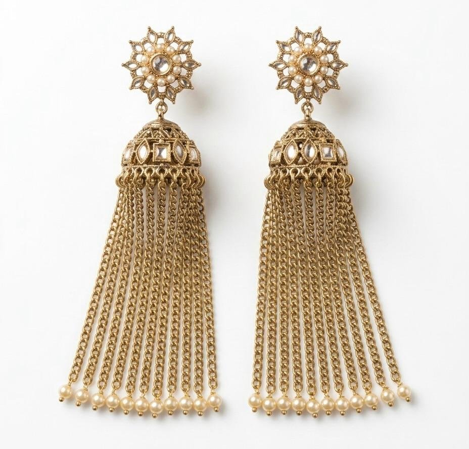 Anti-Tarnish Gold Polish White Kundan Jhumki Earrings