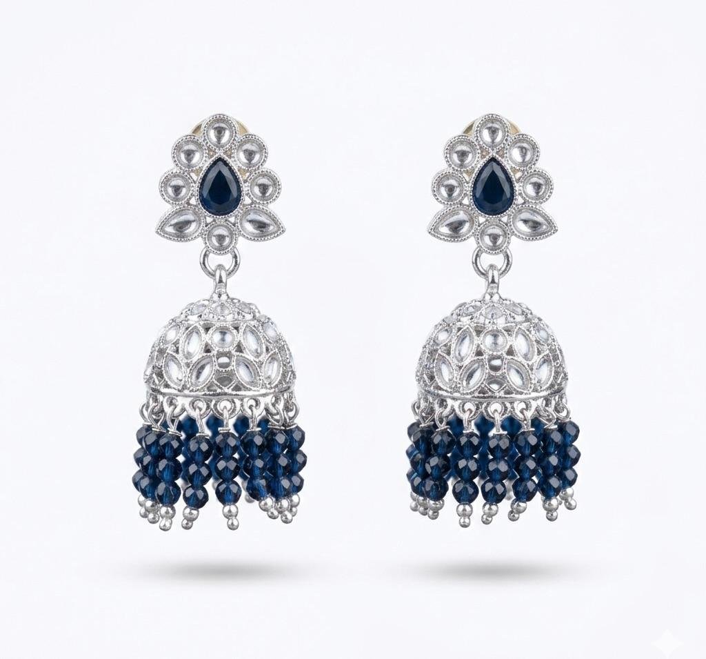 Silver Polish Navy Blue Kundan Earrings – Elegant Traditional Charm