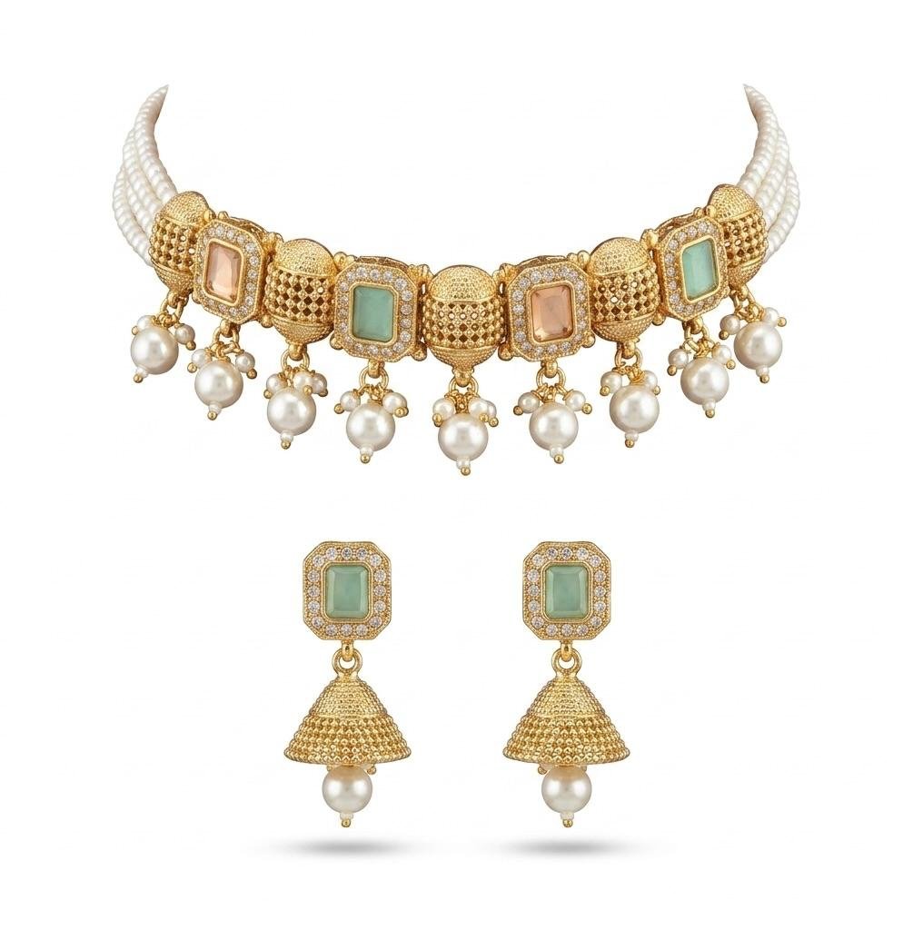 Choker Neck Jewellery Multi Color Combination Golden Polish Set