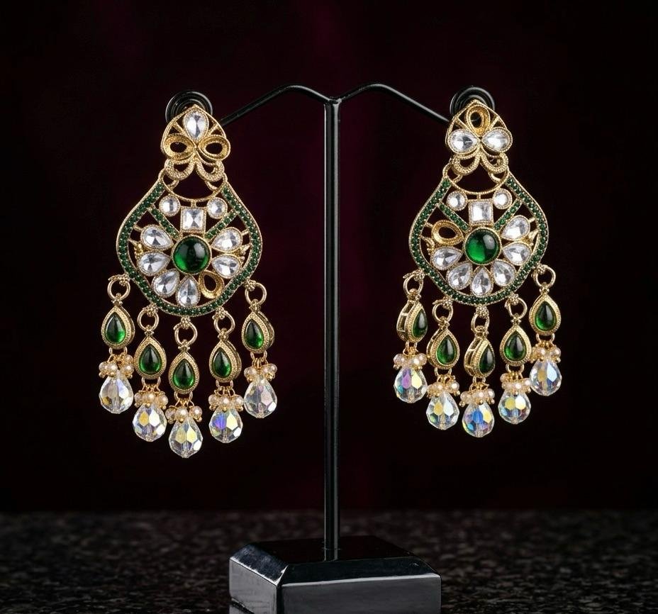 Anti Tarnish Gold Polish Emerald Green and Kundan Earrings – Elegant Traditional Jewellery