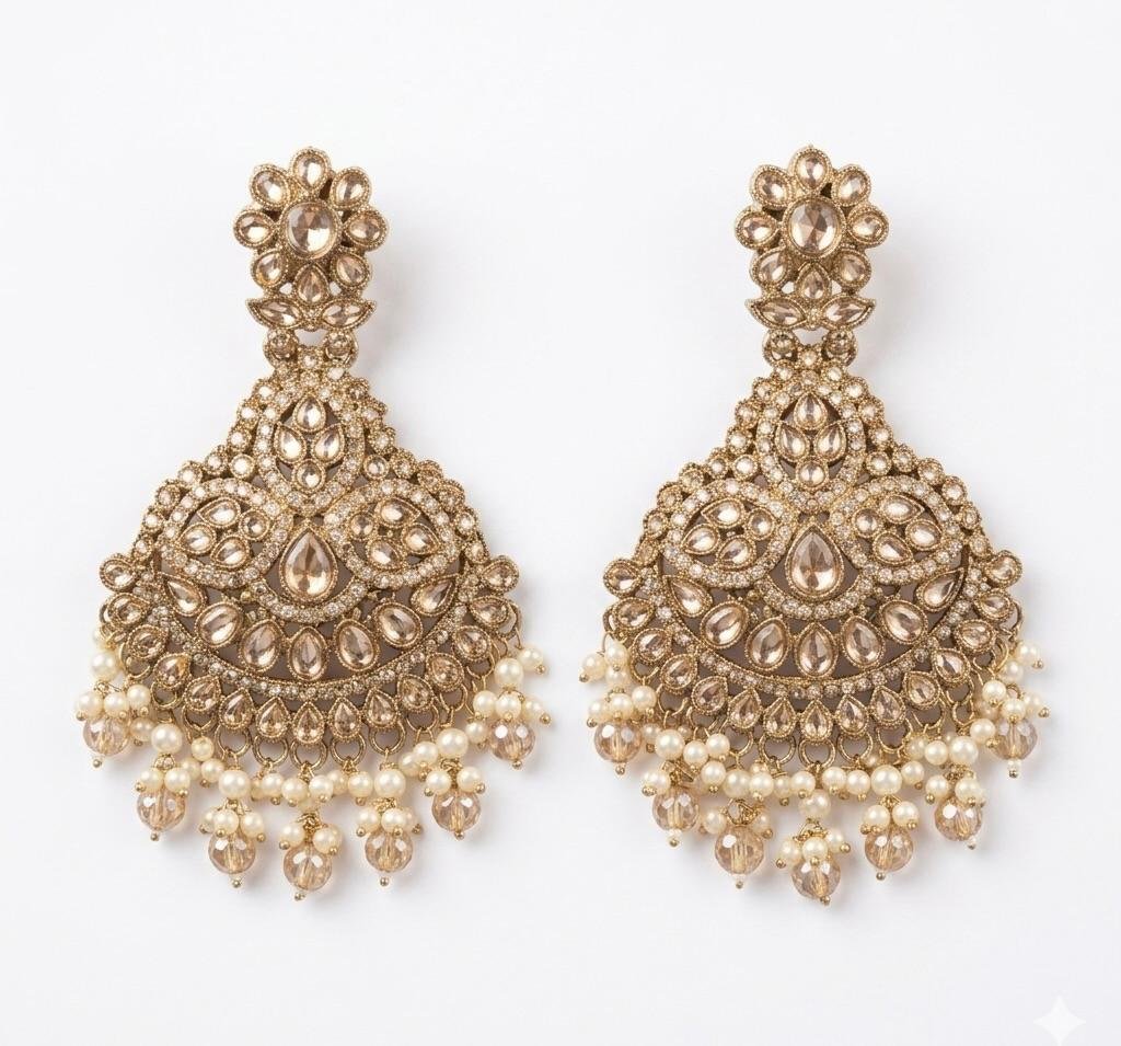 Anti-Tarnish Gold Polish White Kundan Earrings with Pearl Work
