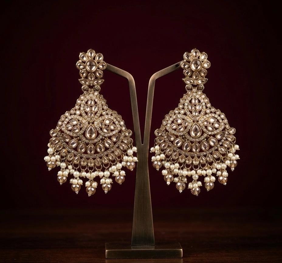 Anti-Tarnish Gold Polish White Kundan Earrings with Pearl Work