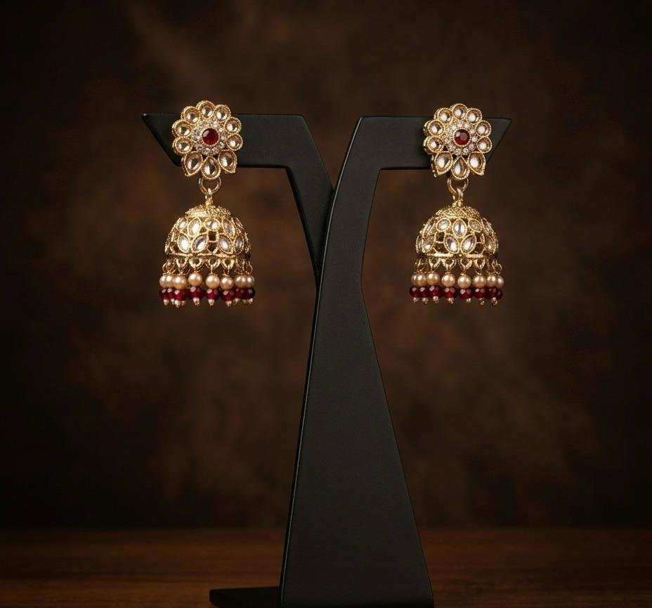 Gold Polish Mehroom Ruby & Kundan Work Elegant Earrings