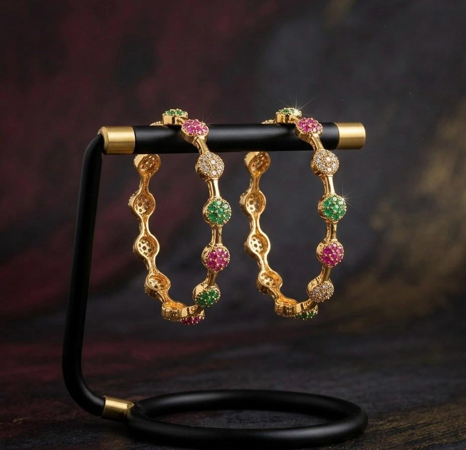 Anti-Tarnish Gold Polish Multi-Color Cluster Ruby Pink & Emerald Green Stone Bangles