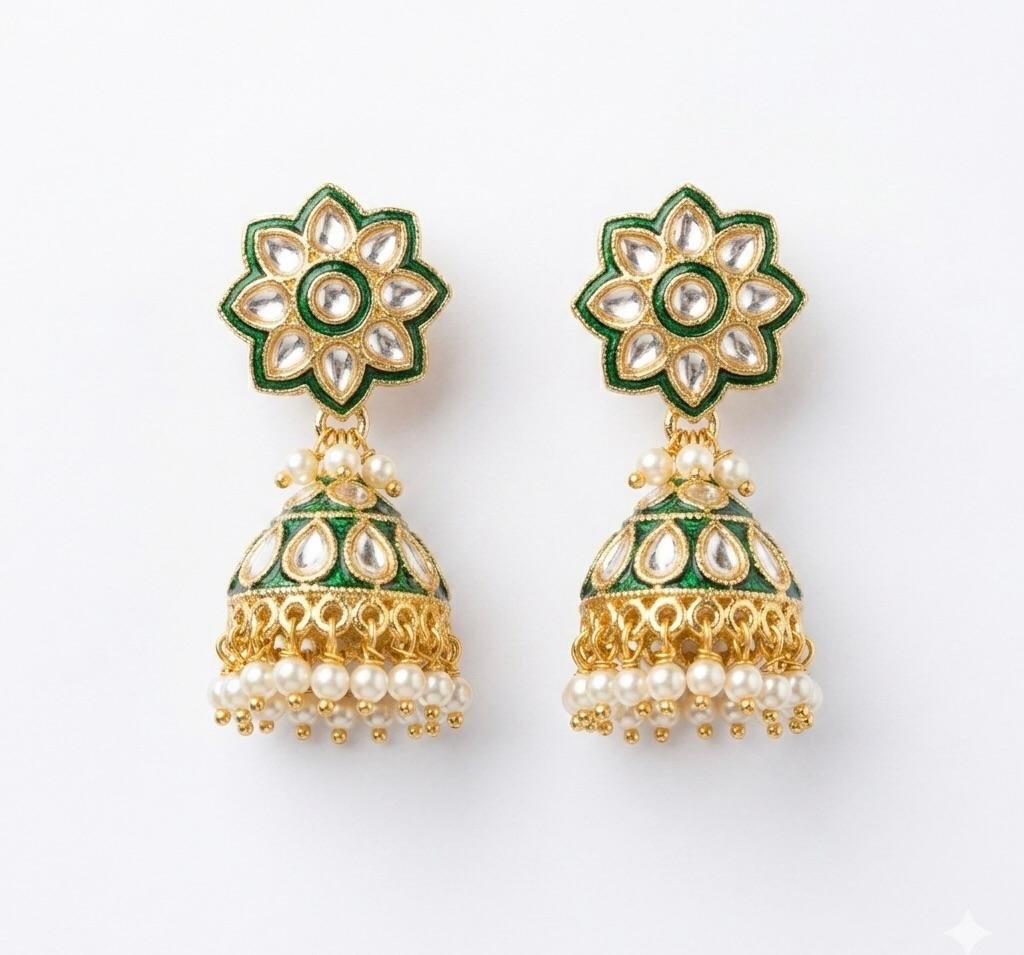 Gold Polish Green Meenakari & Kundan Elegant Earrings
