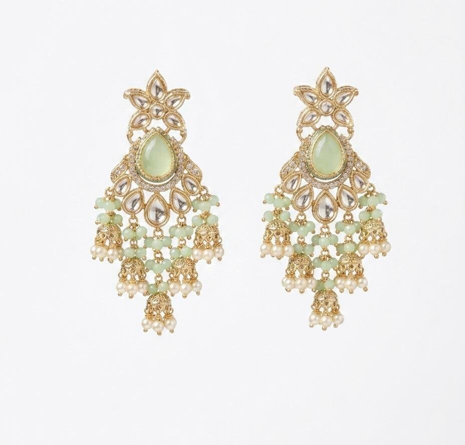 Anti-Tarnish Gold Polish Mint Green & Kundan Earrings