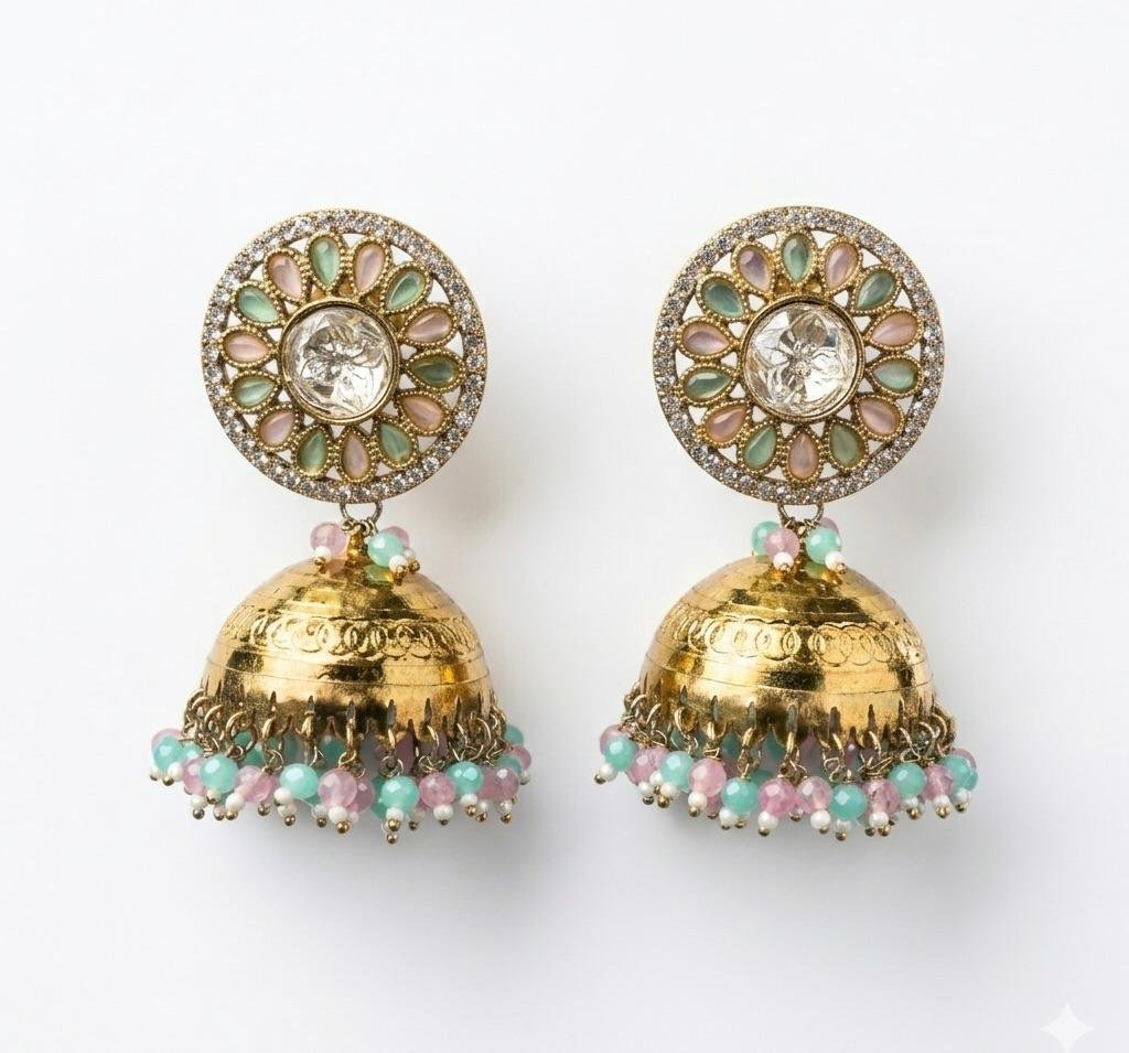 Gold Polish Pastel Pink & Green Stone Kundan Floral Jhumka