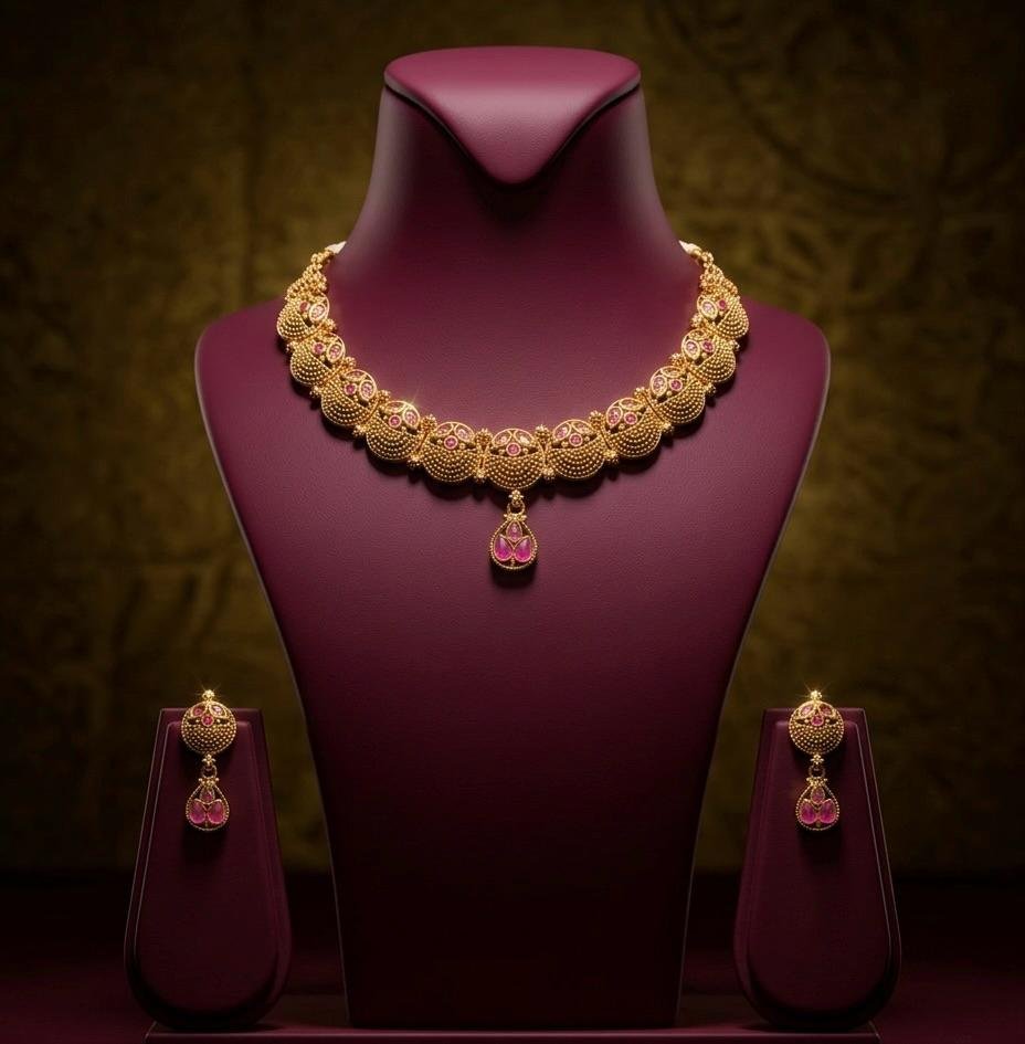 Temple Jewellery Ruby Colour Combination Gold Polish Neck Jewellery Set