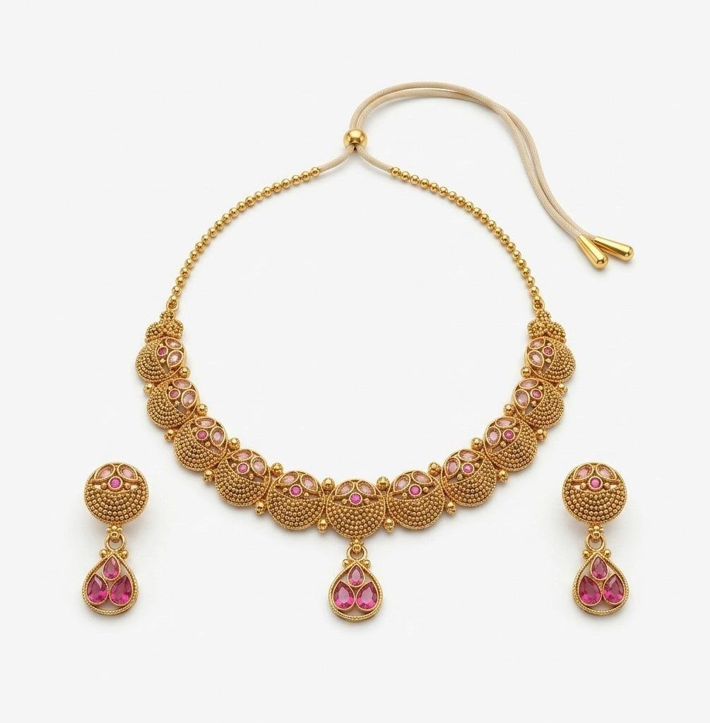 Temple Jewellery Ruby Colour Combination Gold Polish Neck Jewellery Set