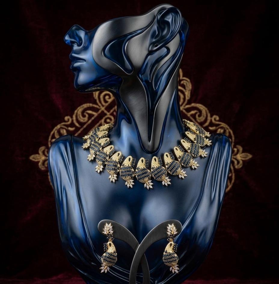 American Diamond Stone Navy Blue Combination Antique Tarnish Polish Neck Jewellery Set